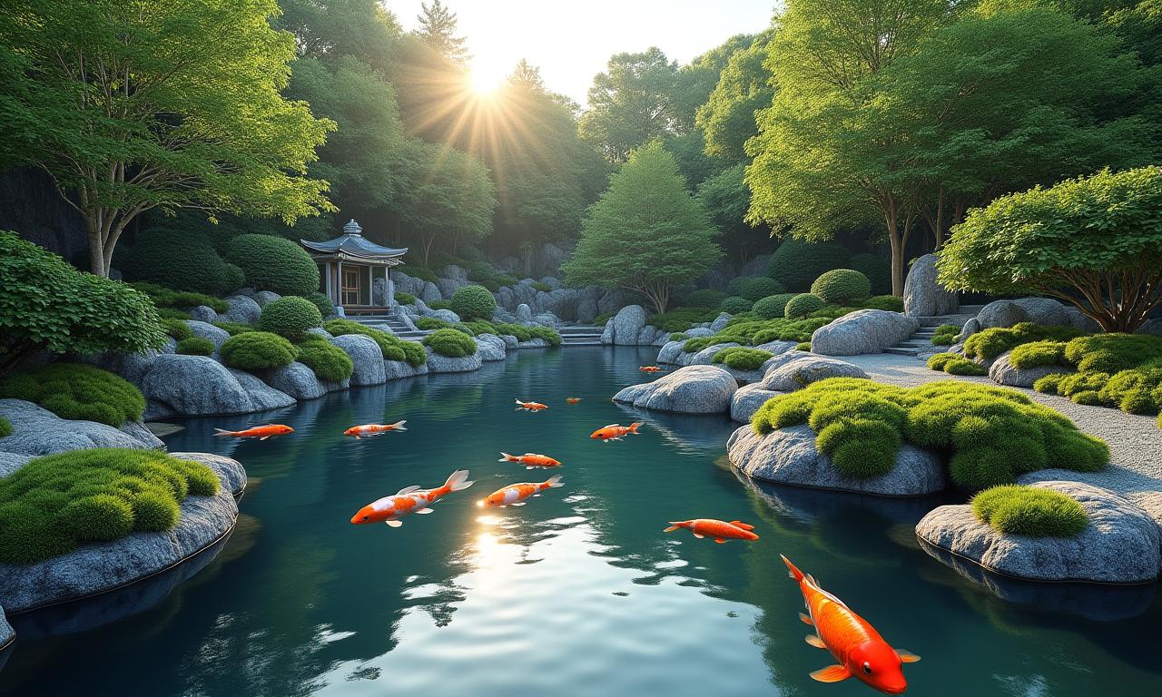 A serene private residence garden with a vibrant koi pond and traditional Japanese landscaping.